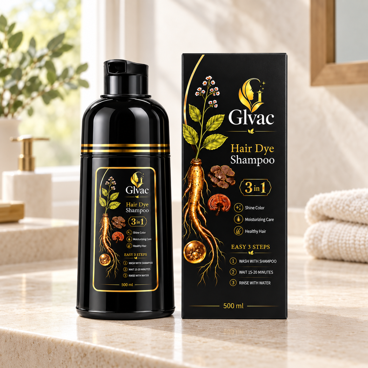 Glvac 3-in-1 Hair Dye Shampoo 500ml bottle and carton on a sunlit bathroom vanity